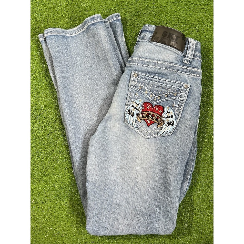 Sky Premium Collection Jeans SZ 5/6 Heart Wings Pocket Embroidered Y2K Vtg Flare